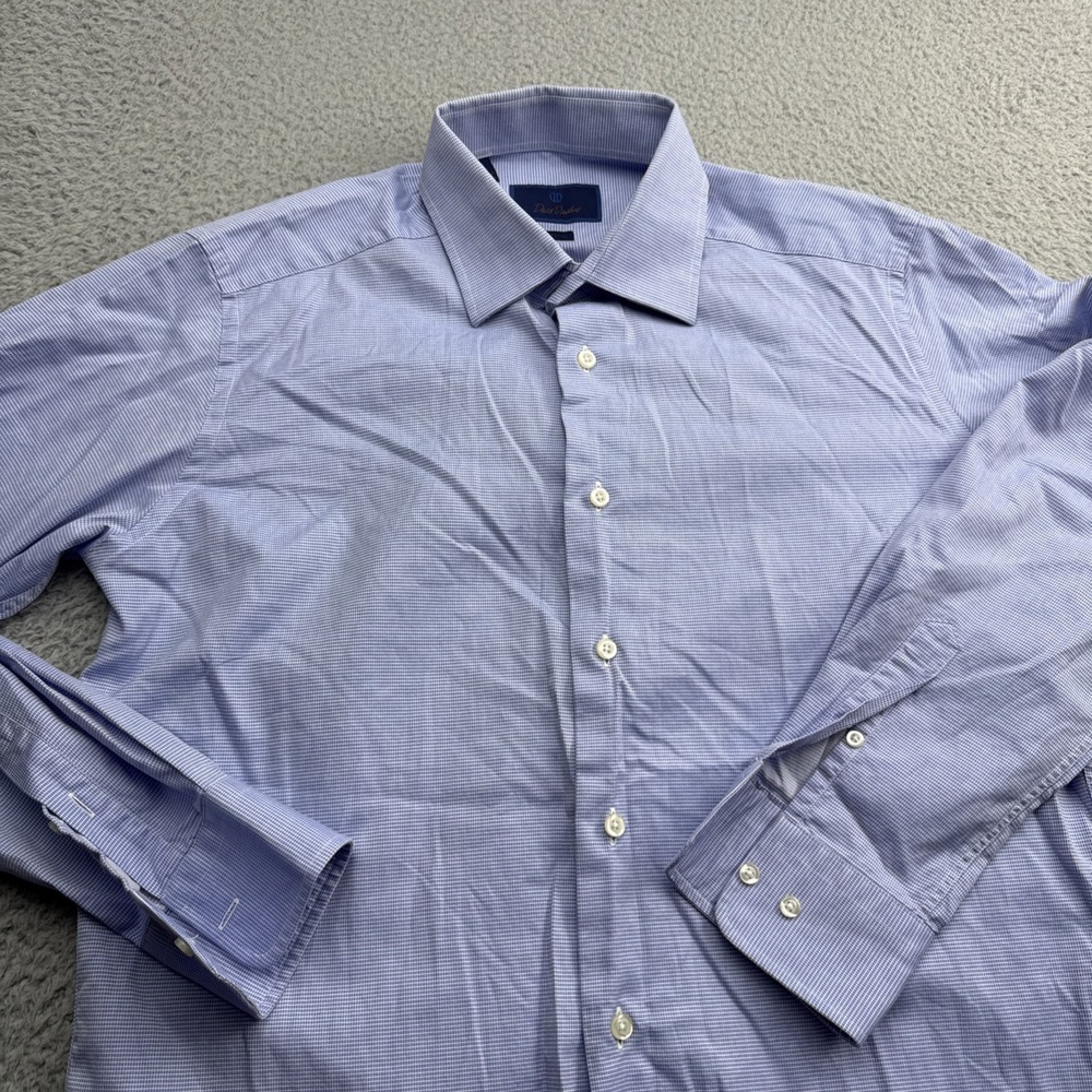 David Donahue Dress Shirt Mens 16.5 34/35 Blue Check Trim Fit Performance